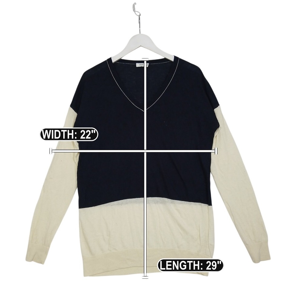 Vince Navy Blue Cream Colorblock Merino Wool Blend V-Neck Sweater Small - Picture 5 of 5